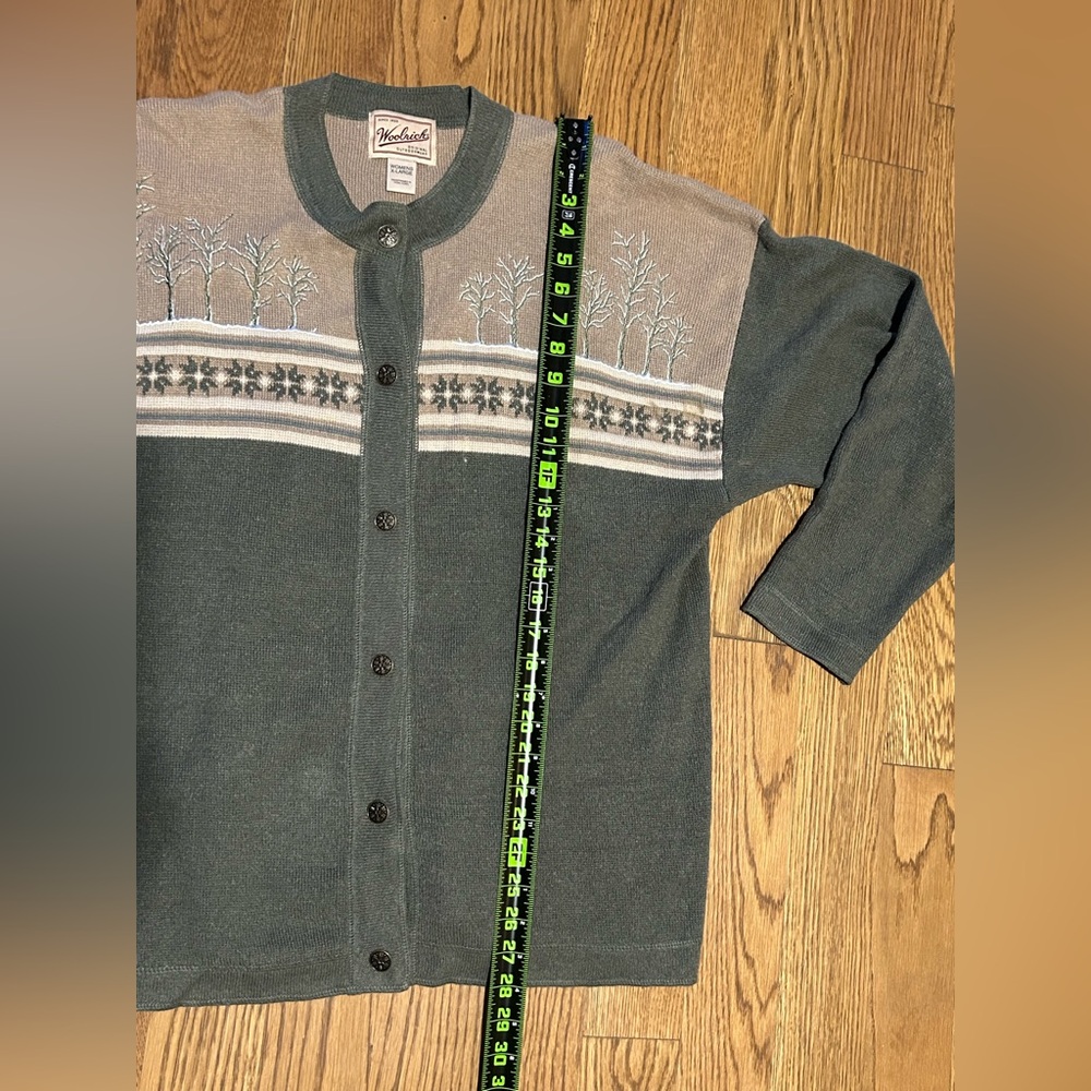 Woolridge Vtg 90’s Ramie Blend Dark Olive Green‎ and Tan Cardigan w/Tree Pattern - Picture 3 of 9